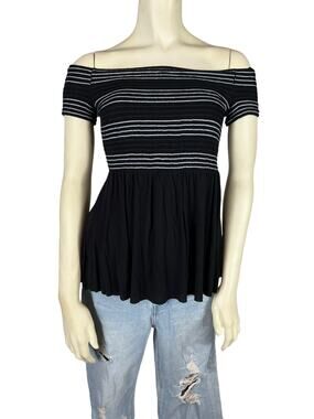 Bailey 44 Black Stripe On / Off Shoulder Top Small Ribbed Stretch Peplum Blouse
